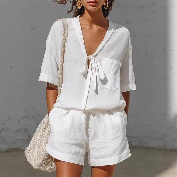 

women s Solid Color V Neck Tie Knot Short Sleeve Shirt Loose Casual Shorts 2 Piece Summer Outfit Set S белый