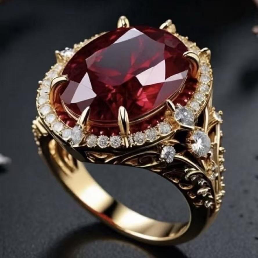 New alloy gold-plated jewelry, exclusively for sale Red gemstone ring, European and American style, women's jewelry