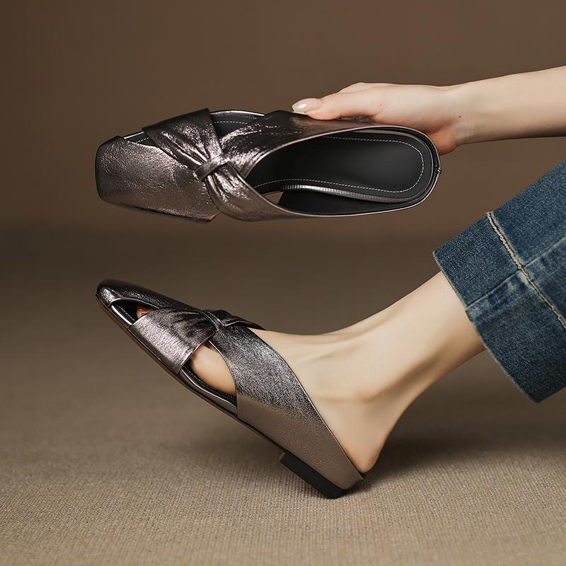 Fashion 2025 NEW Summer Women Mules Genuine Leather Shoes for Women square Toe increase height Cover Toe Slingback Sandals Slippers