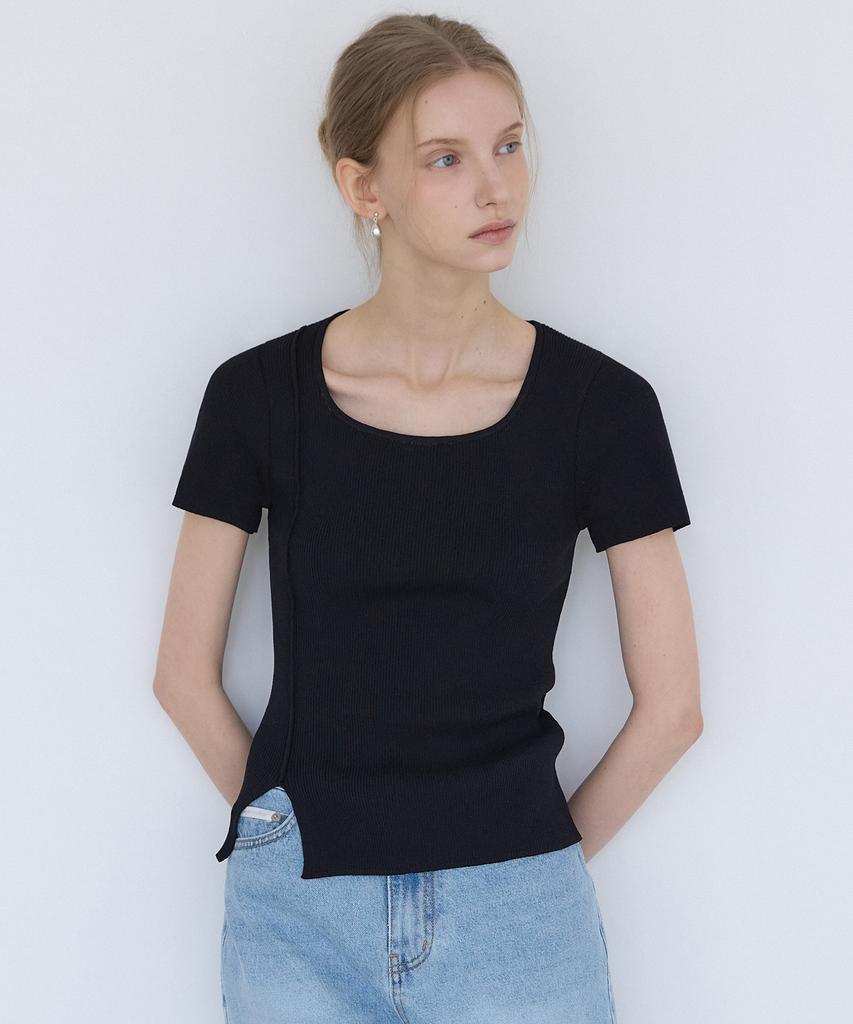 OURHOPE Ribbed Square Neck Slit Knit - Black