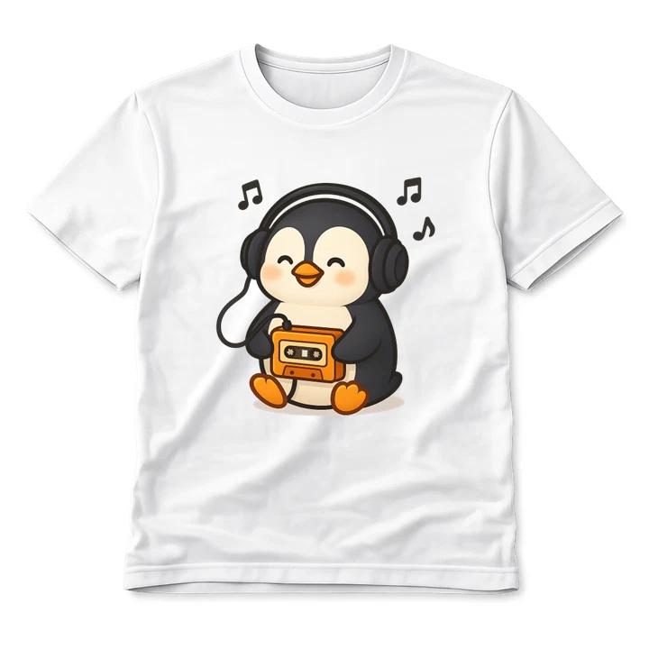 Cute Penguin T-Shirt Unisex Funny Cartoon Graphic Retro Cassette Headphone Music S