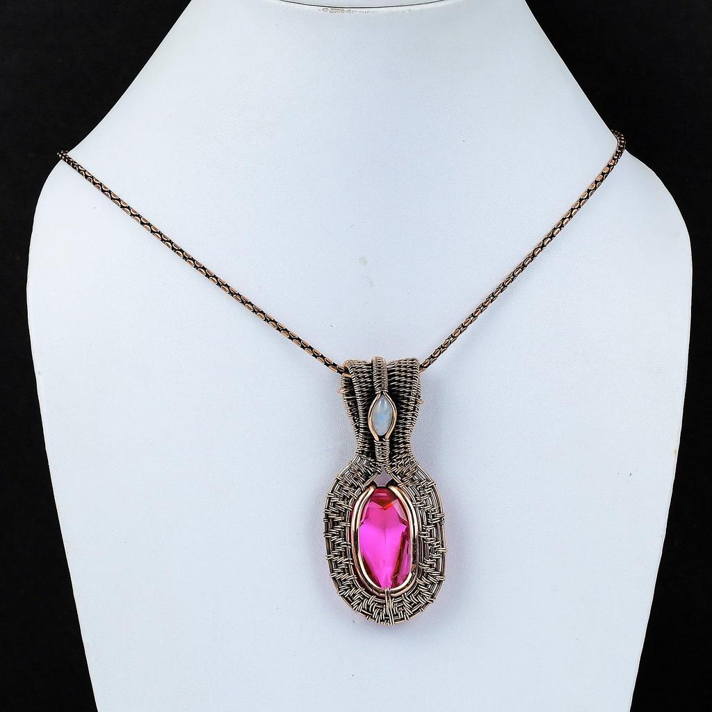 Amazing Rubellite & Moonstone Gemstone Handmade Pure Copper Wire Wrap Jewelry Pendant