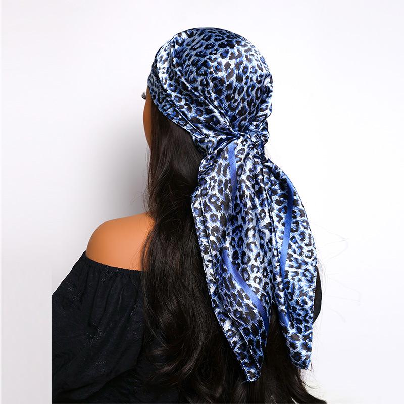90cm Leopard Print Neckerchief Hijab Scarf For Women Silk Satin Headband Hair Scarves Female Square Shawls Ladies Head Bandana