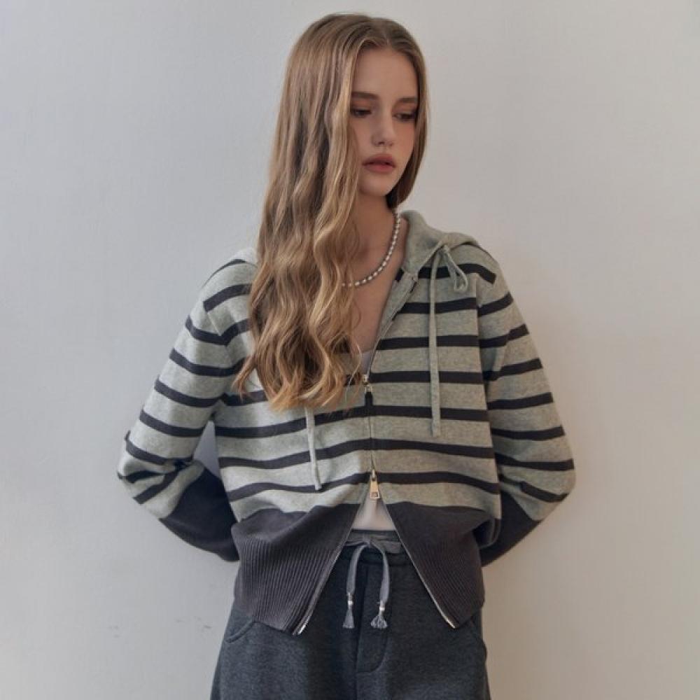 MAXZA Half Color Block Stripe Hooded Knit Zip Up Ze10qd028na