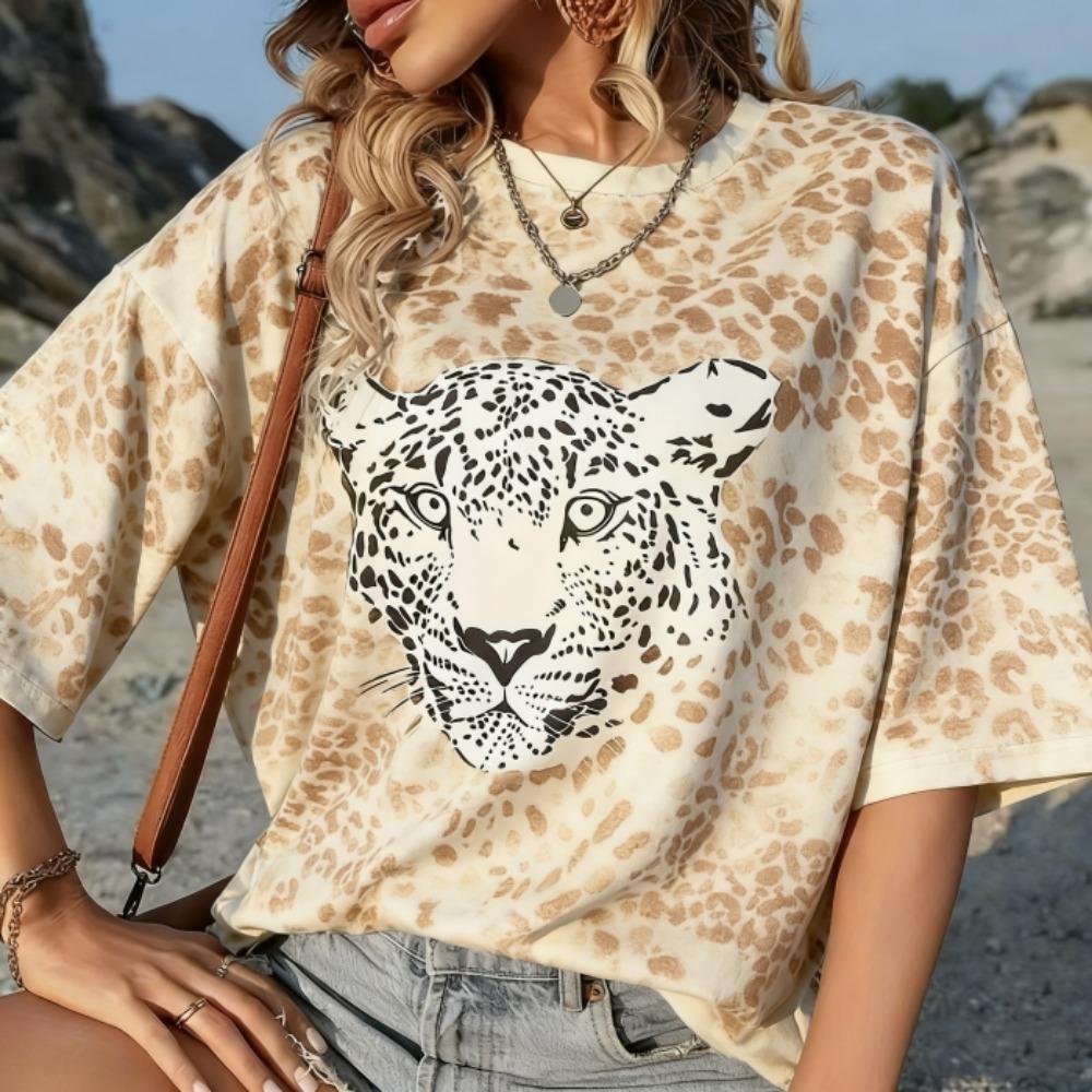 Summer Europe and America Leopard Print T Shirt Women's Short Sleeve Casual Tee Tops Women Retro Street Fashion Oversize T-shirt Clothing