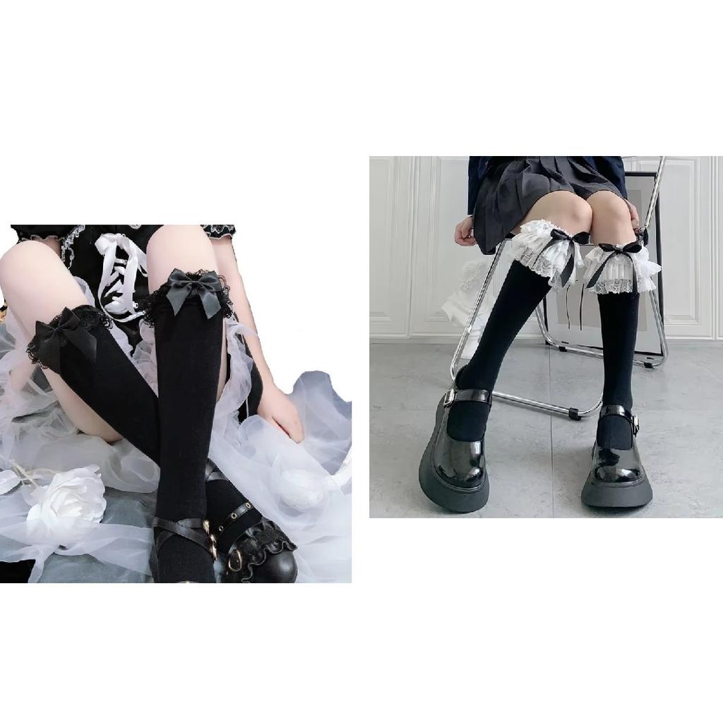 Kawaii Lolita Lace Calf Stockings Multi Layer Bow Cotton JK Japanese Long Stockings Vintage Gothic Palace Cosplay Accessories