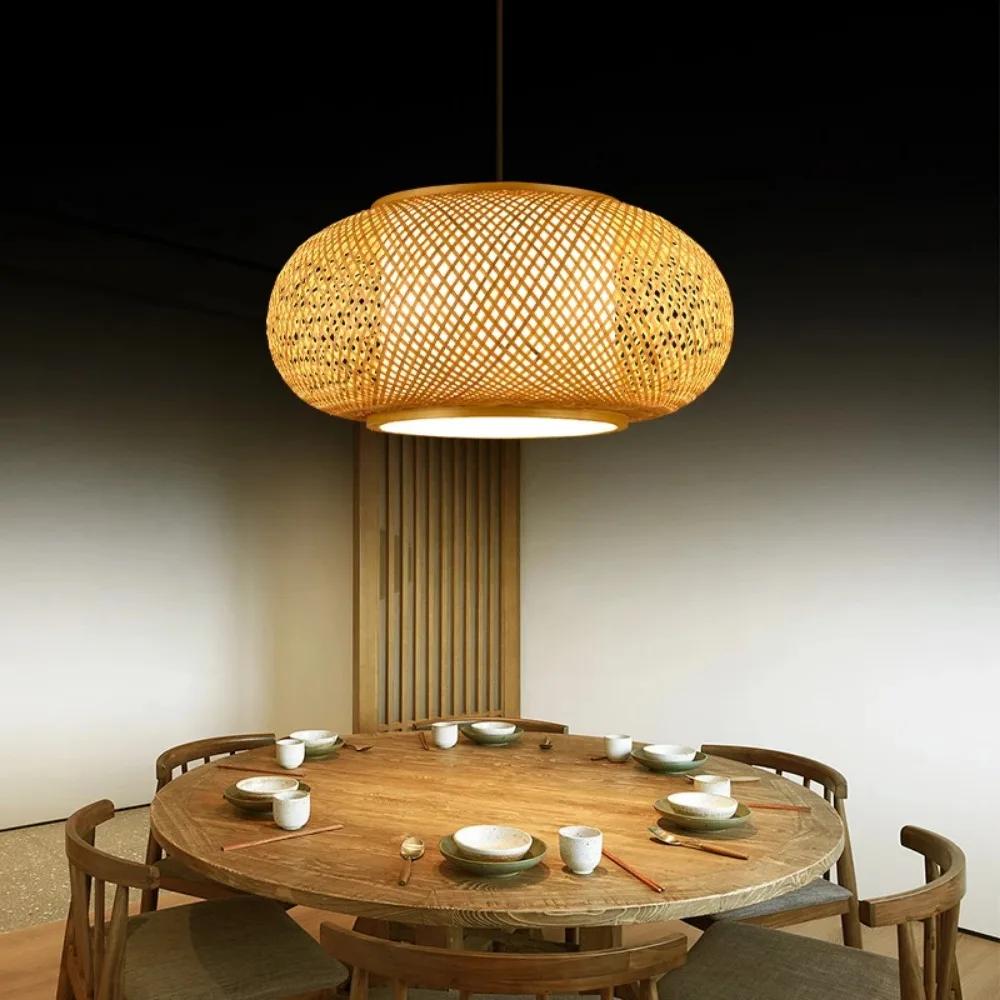 40-80cm Natural Bamboo Hand-woven Pastoral Tea Room Chandelier Lamp Restaurant Bedroom Light  Rattan Craft Pendant Lights