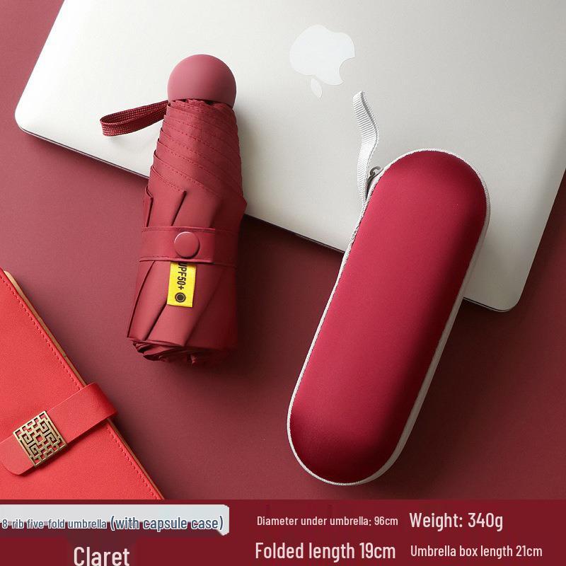 Women's Dual-Use Mini Umbrella: Compact Five-Fold Design, Thickened Fabric, Black Glue for UV Protection, Custom Logo Option