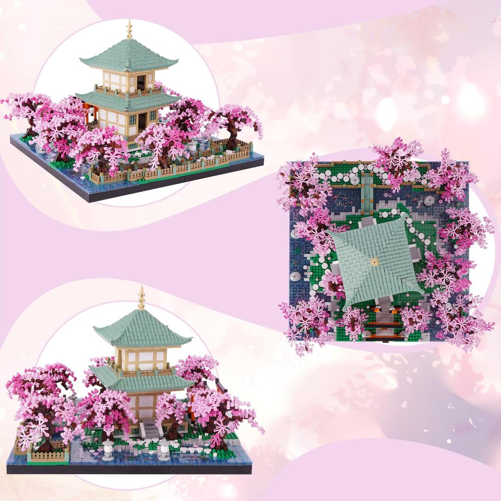 LULUFUN Mikroblock Kirschblüten Spielzeug Garten Miniatur Gebäude Landschaft Kirschblütenbetrachtung Torii Miniblock Bausatz Modell DIY Frühling Mädchen