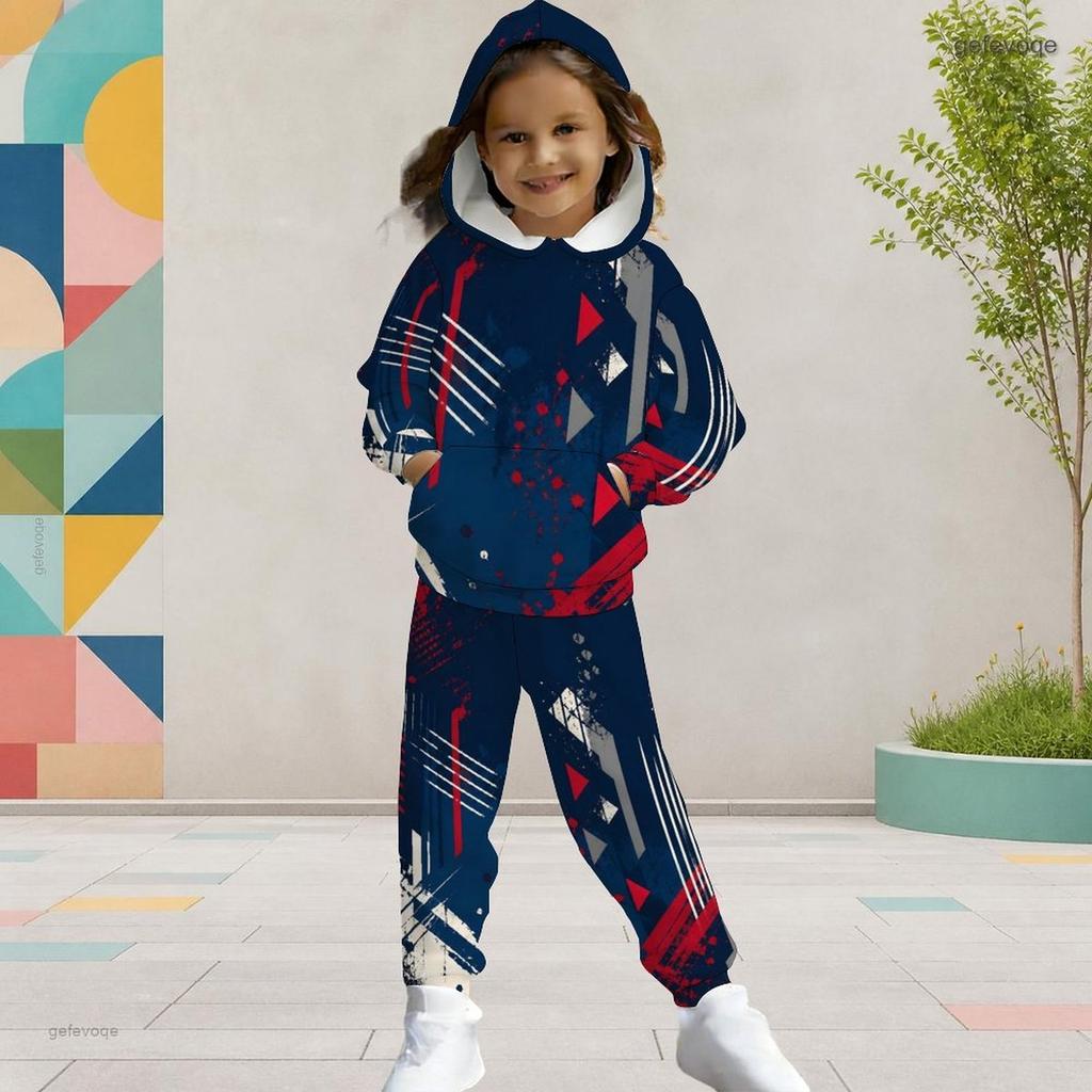 Girls Printed Hooded Long Sleeve Two Piece Pants Set Kangaroo Pocket Cuffed Sweatpants