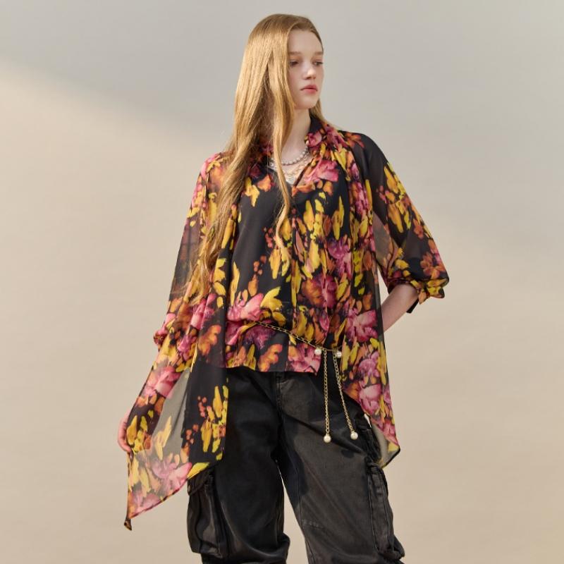 Maxza Art Flower Two Way Tie Sheer Blouse Zf05qb007nh