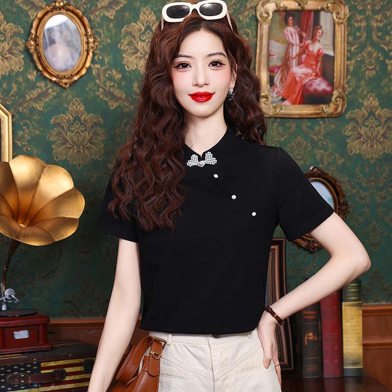 

In Stock: Women s Retro Chinese-Style Short-Sleeve T-Shirt with Pearl Buttons and Oblique Placket S чорний