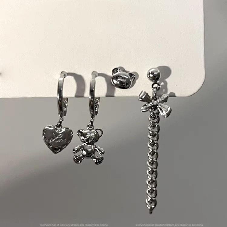 Heart-shape Drop Dangle Earrings Aesthetic Metal Ear Buckles Cherry Zircon Bear Rabbit Tassel Earring Asymmetry Jewelry