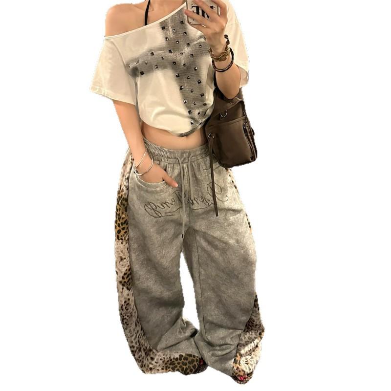 Womens Retro Leopard Patchwork Wide Leg Pants Loose Casual Streetwear Trousers