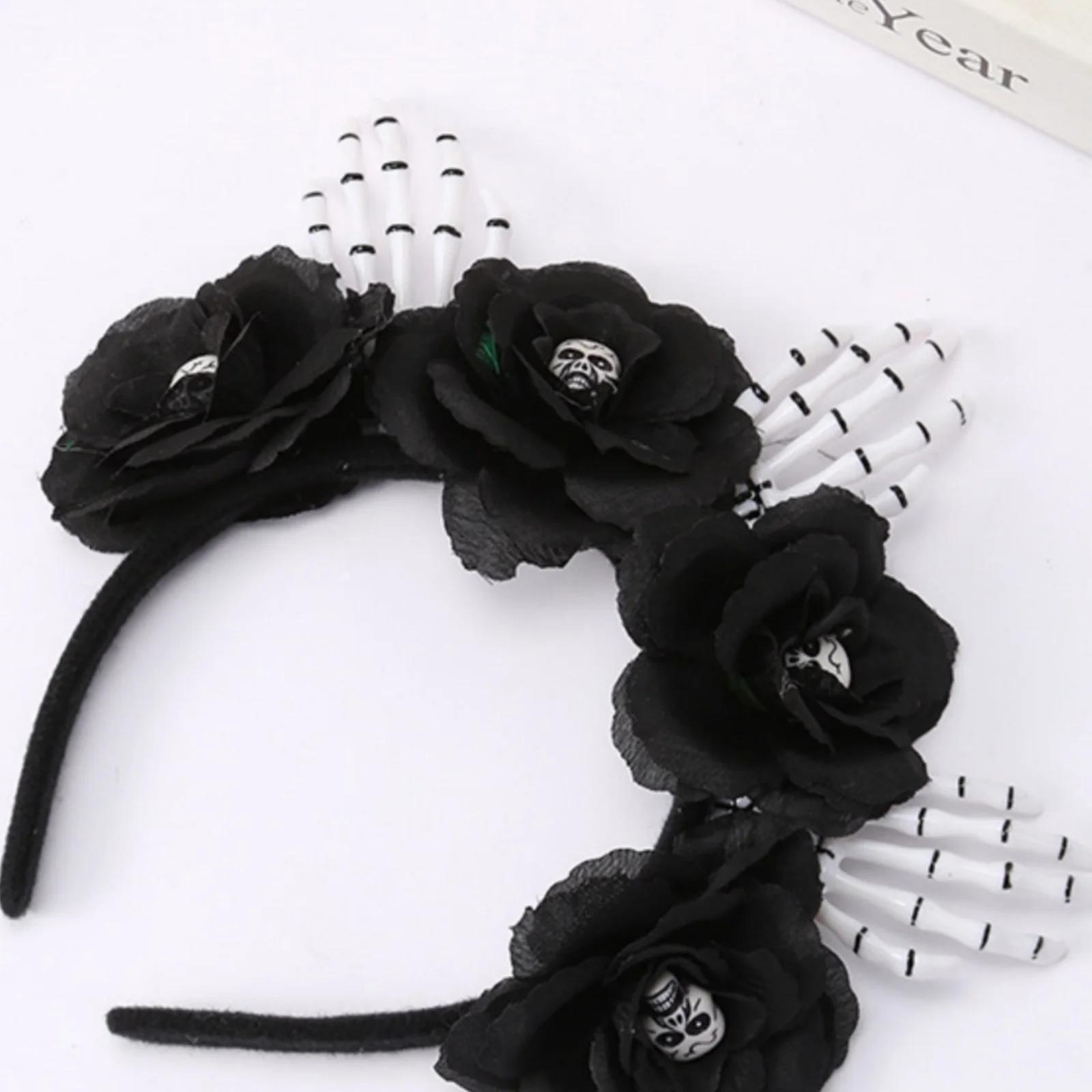 

1PC Halloween Skull Headbands Set, Black Rose & Skeleton Hand Design, Spooky Festive Hair Accessories темно-сірий колір
