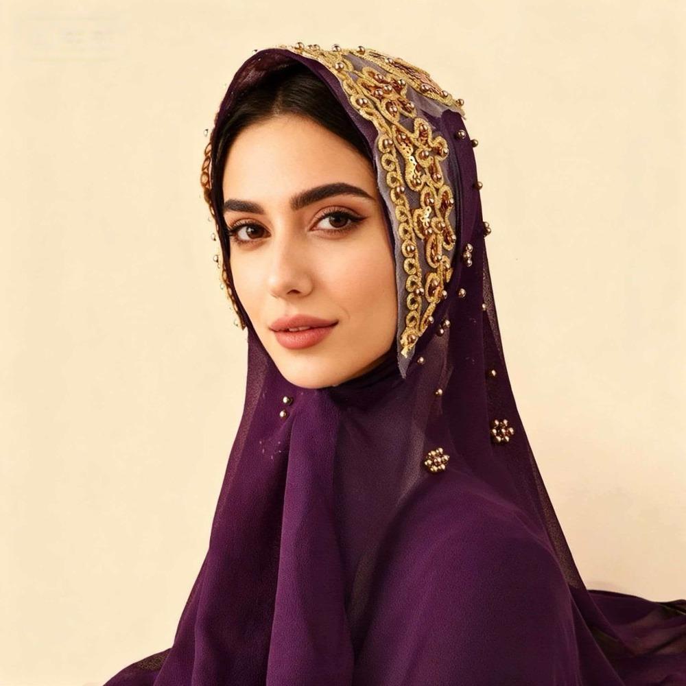 Gold Beads Pearl Chiffon Hijab Scarf Silk Sequin Wraps Shawl Headwraps Islamic Turban  Female