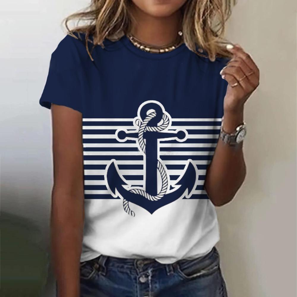 Summer European and American Style Inverted Hook Ocean 3D Printed Women's Fashionable Round Neck Short Sleeved T-shirt
