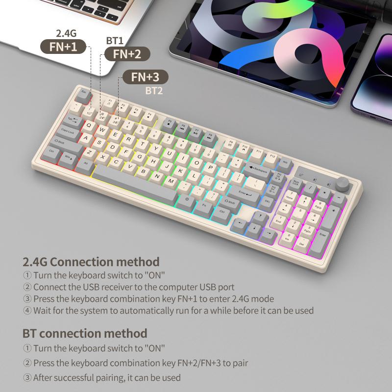 Dual Modes Mechanical Keyboard Dual Bluetooth 2.4G Gaming Wireless Keyboard RGB Glows Adjustable Volume Knob Keyboard For PC Laptop Tablet