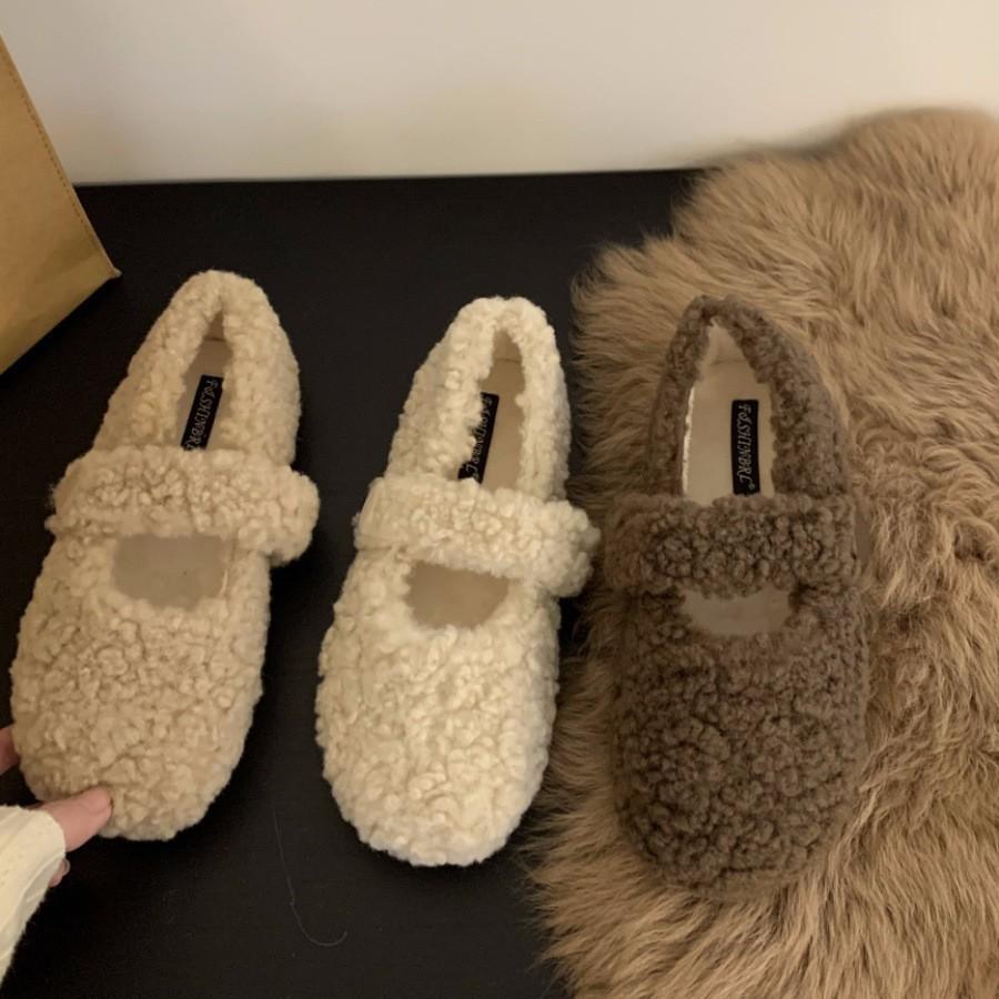 Flat-bottomed Versatile Mary Jane Lamb Wool Shoes Women's Shoes Wear 2025 New Autumn and Winter Velvet Cotton Shoes Single Shoes