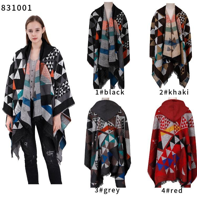 Hooded Cape Shawl Women'S Plaid Winter Warm Knitted Shawl Scarf Shawl Dual-Purpose