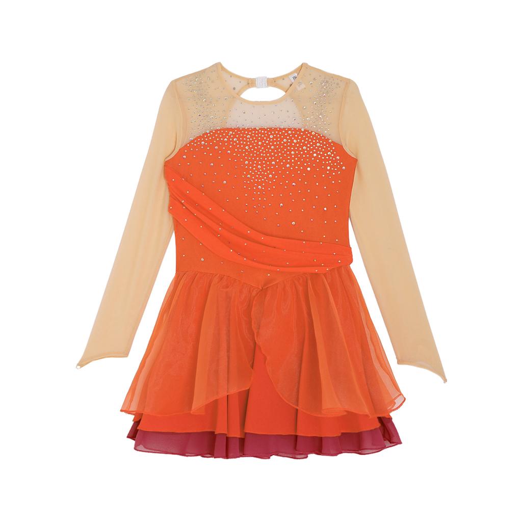 Girls Figure Skating Dress Glittery Rhinestones Sheer Mesh Long Sleeves Cutout Back Lyrical Performance Gown