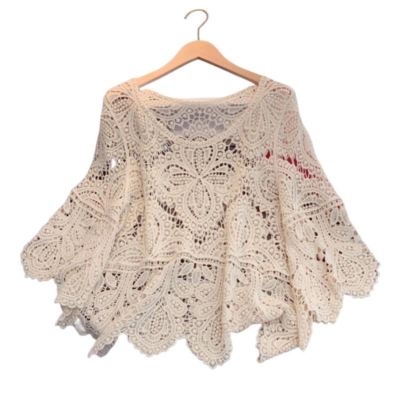 Damen-Oberteil mit 3/4-Ärmeln, Spitze, hohler Haken, Blumenmuster