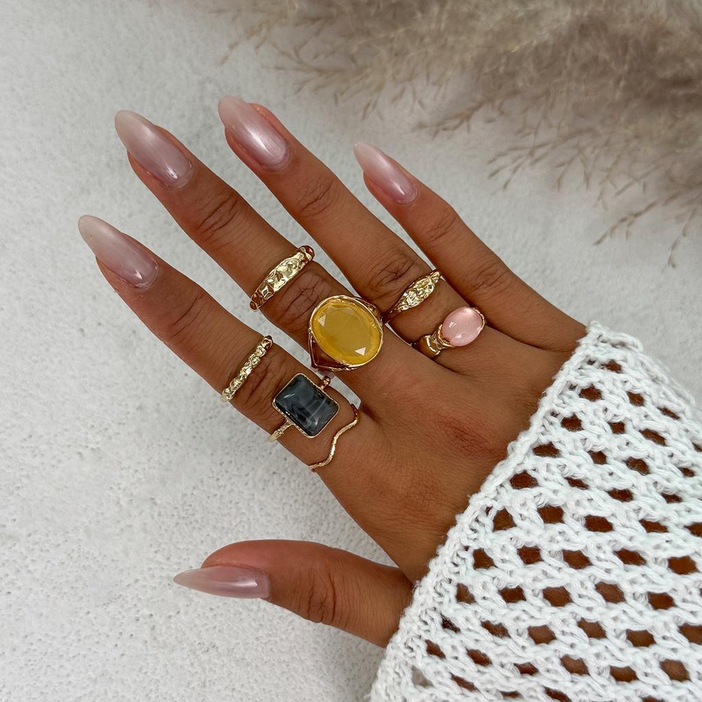 Design Sense Liquid Metal Pleated Ring Set, Exaggerated Style Imitation Gemstone Rhinestone Ring Woman