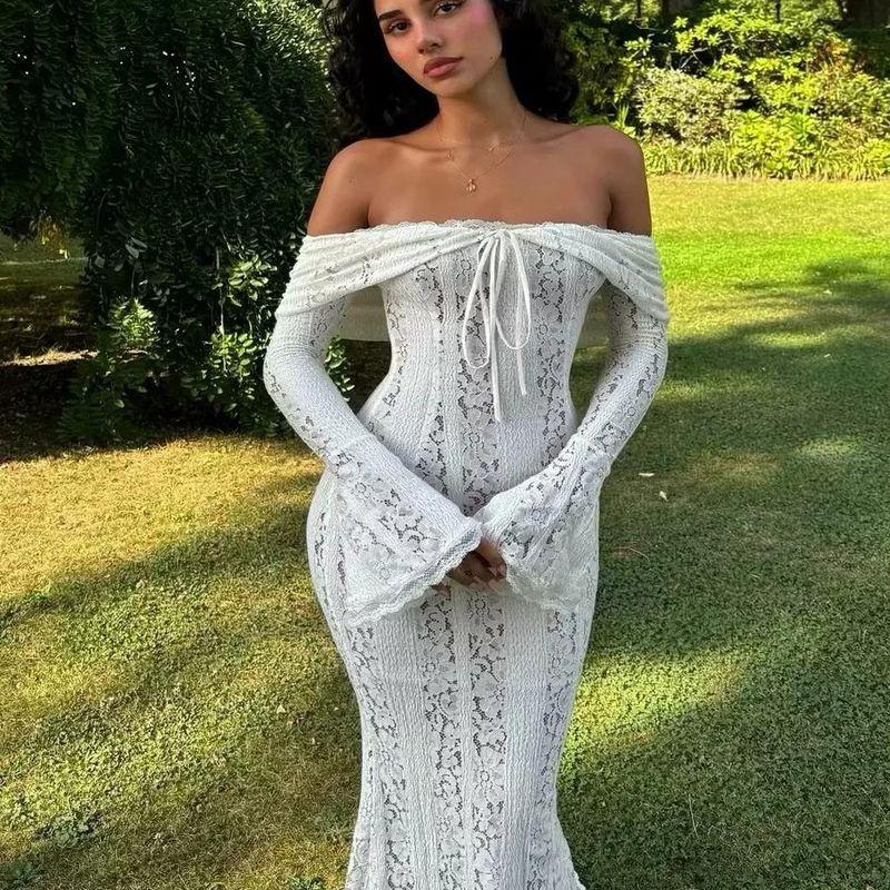 Spring New Women's Clothing Fashion Style French Style Temperament Cut Out off-Shoulder Bow Tie Lace Dress Evening Dress