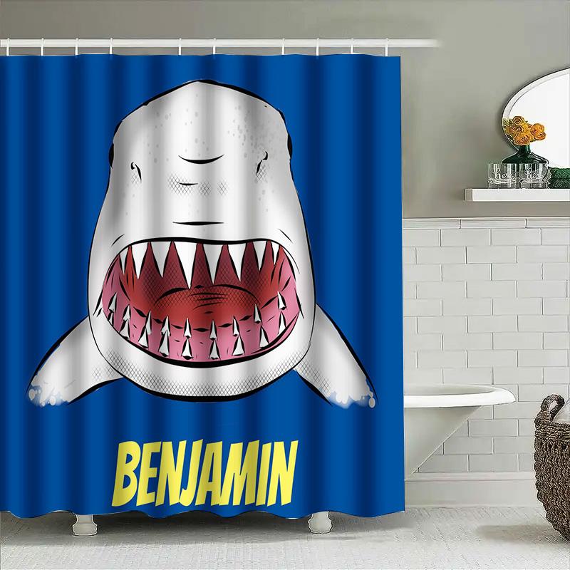 Comics Style Cartoon Shark Printed Shower Curtain Personalized for Bathroom Decoration Gift Home Decor Customizable Size Availab