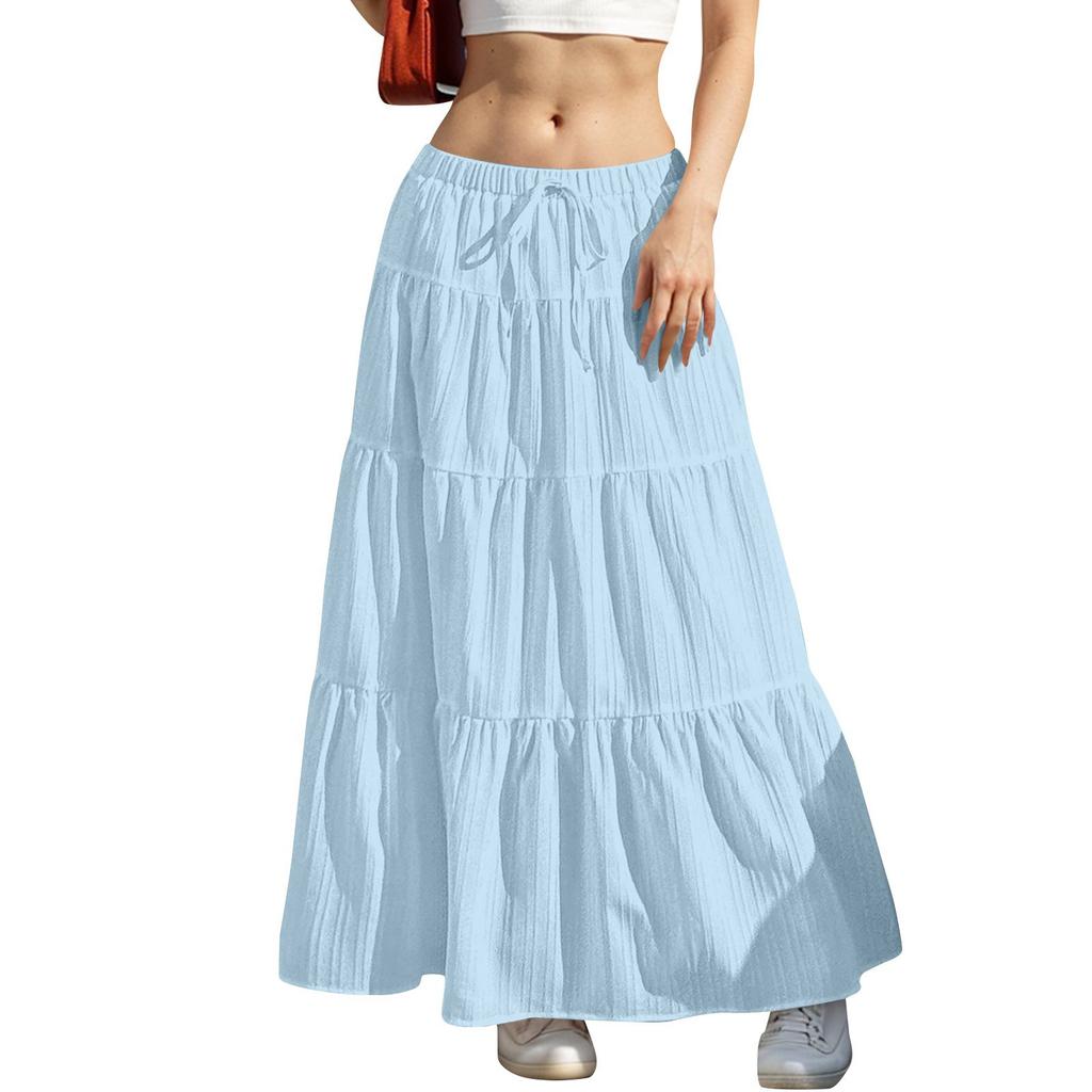 Women's Drawstring High Rise Midi Skirt Tiered Ruffle Maxi Skirt Casual Summer Long Skirt