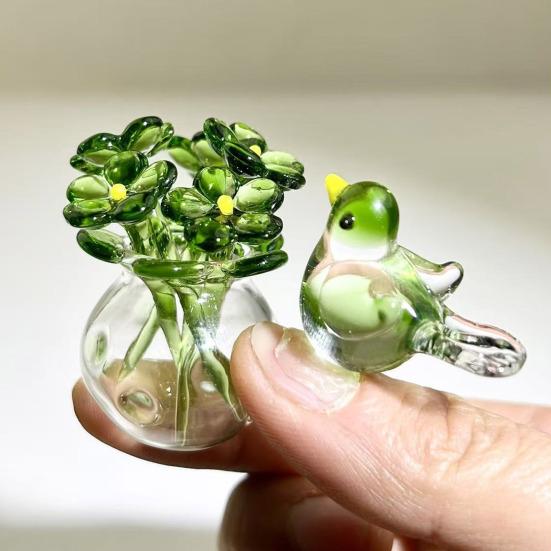 Niedliche Mini-Figur Blume aus Kunstkristall, mundgeblasenes Glas-Bouquet, Sammlerstück, kleines Blumenvasen-Ornament mit Biene/Vogel für Heim- und Büro-Tischdekoration