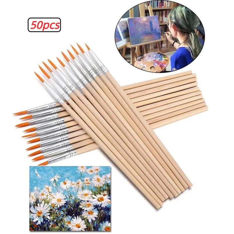 20/50/100 Pcs Wood Handle Painting Brushes Set Art Round Flat Hair Nylon Hair Paint Brush For Acrylic Watercolor