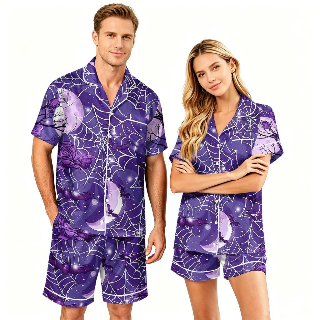Couple Halloween Pajama Set Short Sleeve Button Down Shirt with Shorts Casual Soft Sleepwear S-XXXXL Matching Loungewear Set