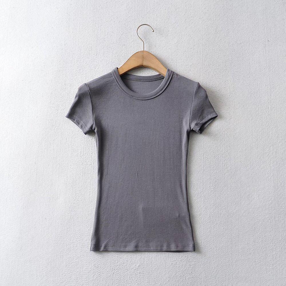 Europäisches und amerikanisches Damen-T-Shirt mit einfarbigem Slim-Fit-Retro-Kurzarm