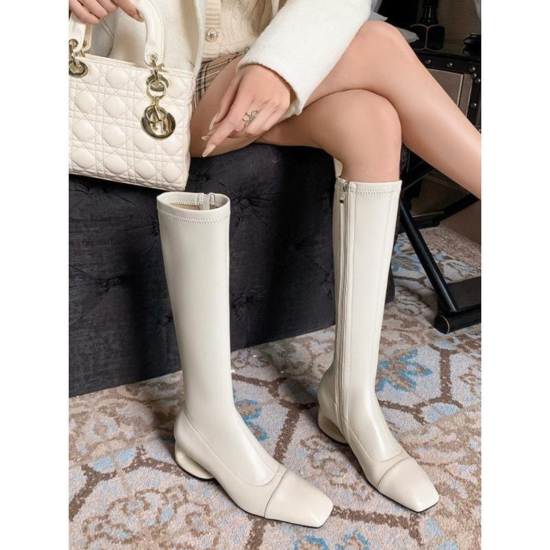 Autumn and Winter Velvet Knight Boots Square Head and Legs But Knee White Thin Boots Elastic Boots Long Boots High Boots Long Boots