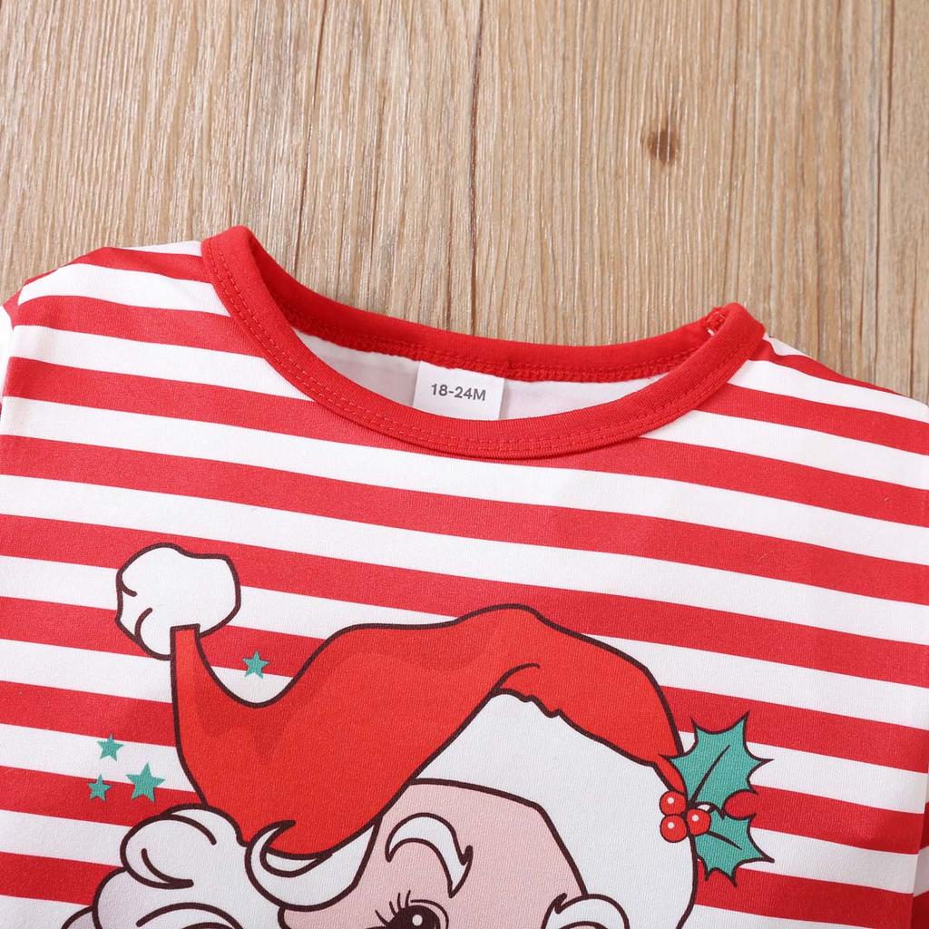 Spring Autumn Christmas Girls Outfit Long Sleeve Cartoon Striped Letter Crewneck Top And Pants Two Piece Fashion Kids Clothing Set