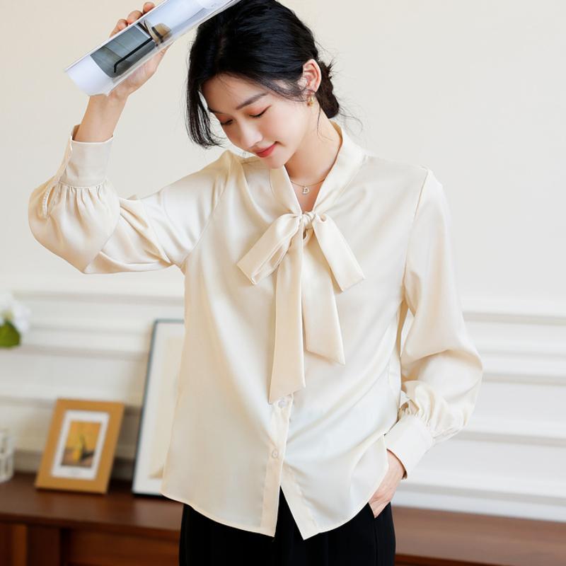 Mode Fliege Kragen Langarm Freizeit Hemd Damen Elegant Uni Schlicht Damen Blusen und Oberteile Vintage Slim Fit Weiße Bluse Damenbekleidung 25852