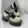 Guochao style platform loafers women's 2025 spring new embroidery printing Velcro shallow mouth college style small leather shoes