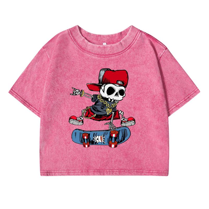 Skull Riding Skateboard Printing Female Washed Short T Shirts Breathable T-Shirt Street Summer Fashion Distress Tops