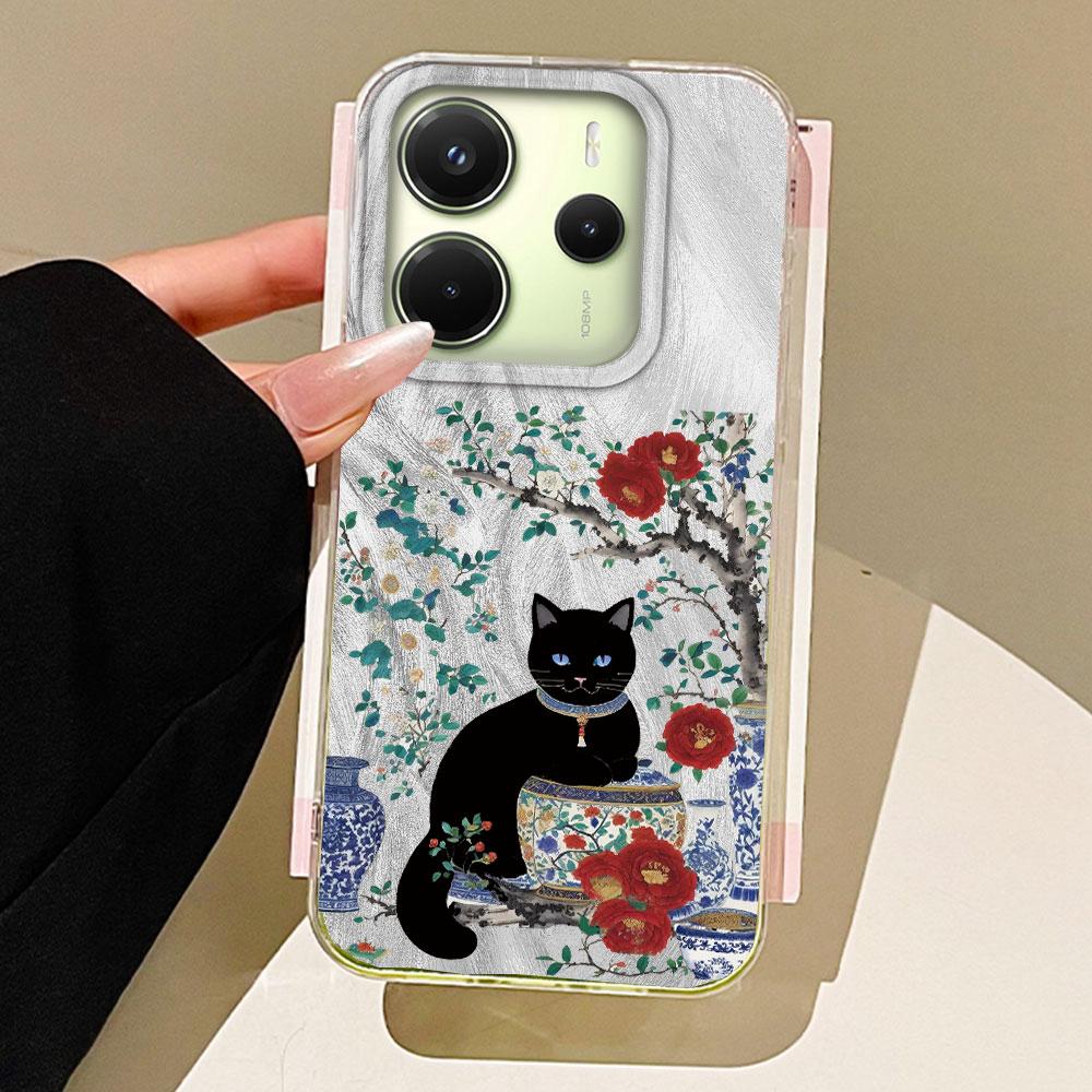 

White Porcelain Cat Flower Phone Case for Xiaomi Redmi 13C 14C A5 A3 A4 A3X A1 A2 Note 14 13 12 11 11S 10 Pro Shell Back Cover Redmi 10