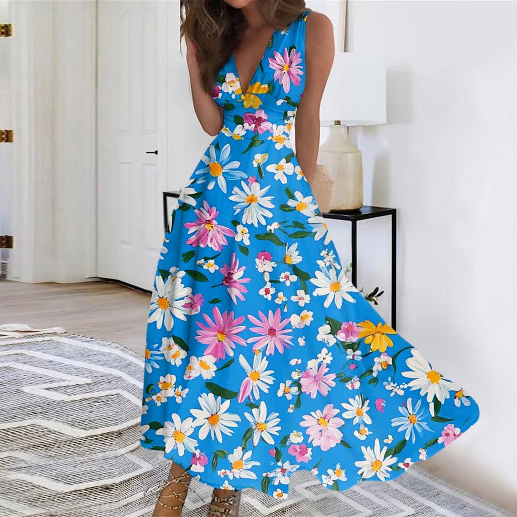 Women's Summer Fashion Retro Print V-Neck Sleeveless Long Dress