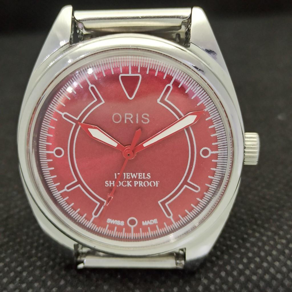 VINTAGE ORIS AUFZUG SCHWEIZER HERREN ÜBERHOLT ROTES Armbanduhr 558b-a296772-1