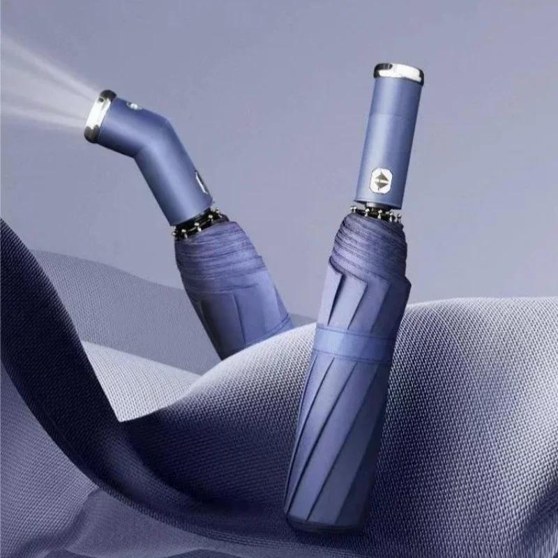 

Вращающийся светодиодный фонарик-зонт Прочный от солнца и дождя Двойного назначения 10-спицевый каркас Автоматический зонт Защита от УФ-лучей Компактный дорожный тент metal-fiber composite&10K синий