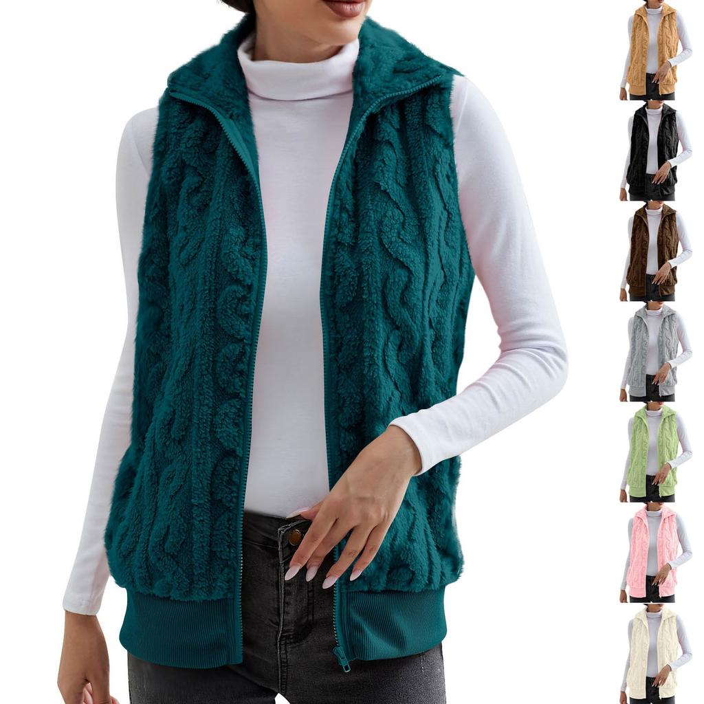 Women's Casual Fashion Sleeveless Vest Stand Collar Zipper Pockets Solid Color Plush Vest