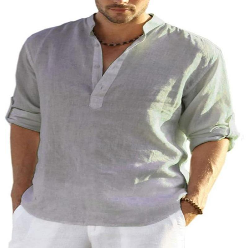 Men's Cotton Linen Long Sleeve Shirt Stand Collar Relaxed Fit Casual Holiday Top