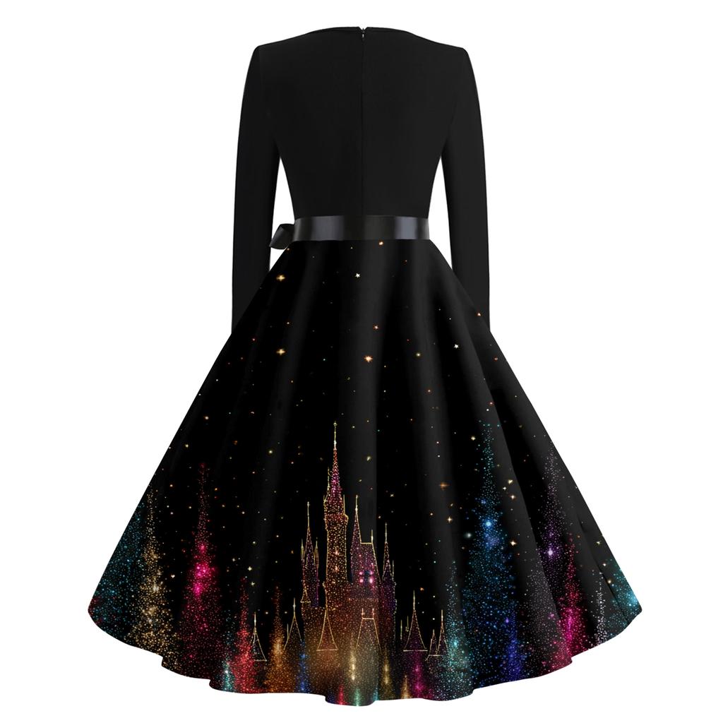 Women's Casual Fashion Round Neck Long Sleeve Christmas Printed Party Vintage Long Dresses