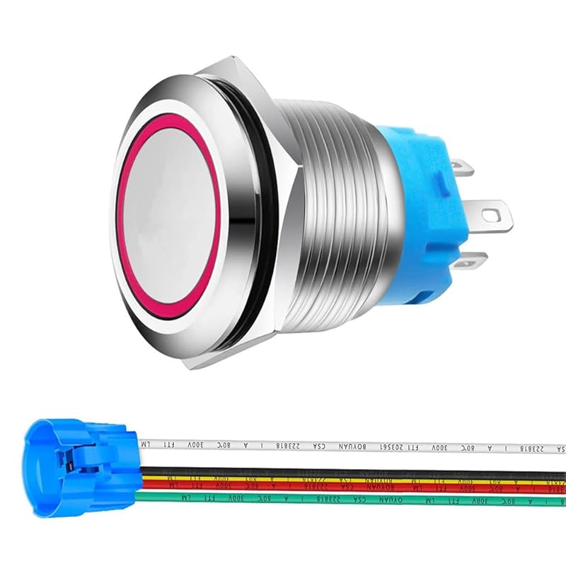22mm Momentary Push Button with Wire Socket 3A-12-24V(AC/DC) 1NO 1NC SPDT On Off Metal Waterproof IP65 Self Reset (Red&Green LED)