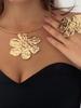 Simple Exaggerated Large Flower Metal Torques Necklace Petal Ring for Women Wrinkled Pendant Ornament Jewelry Set Party Gift