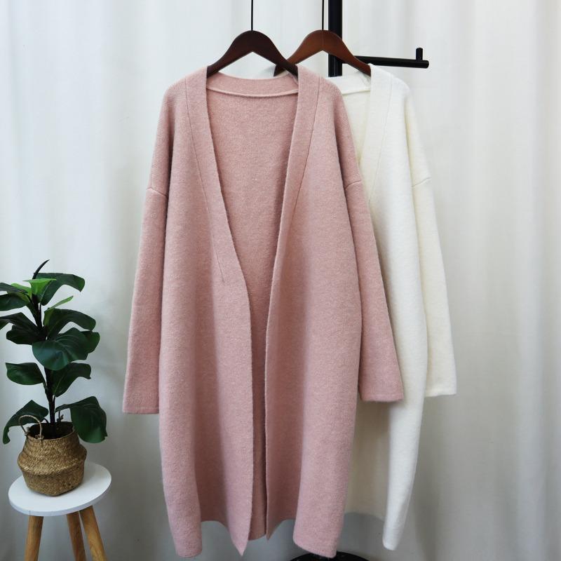 Autumn and Winter New Medium and Long Knitted Cardigan Women's Solid Color Loose Lazy Style Versatile Sweater Jacket