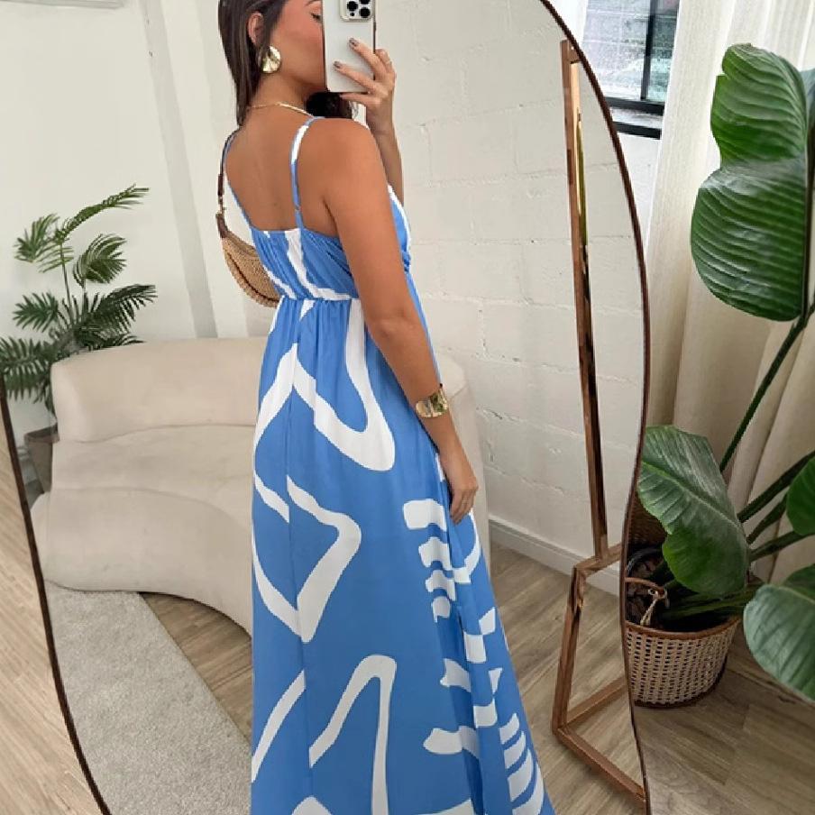 New Fashionable And Sexy Slit Print Suspender Sleeveless Dress